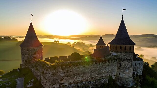 Ancient Stone Castle Towers Bathed In Golden Sunrise Light With Misty Valley Below Aerial View