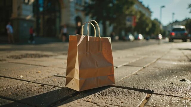 Brown Paper Bag on Street Shopping, Delivery, Sustainability