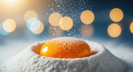 Bright egg yolk on flour. Closeup of egg yolk on a pile of flour with bokeh background