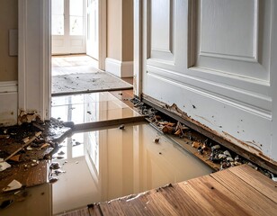 A doorway reveals flood damage. Wooden flooring is warped and damaged. Water pools inside the entrance. Debris is scattered