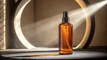 Naklejka premium Amber Glass Bottle on Wooden Table – Cinematic Chiaroscuro Photorealistic Scene