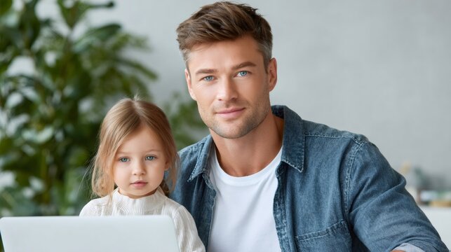 Father and daughter learning on laptop together