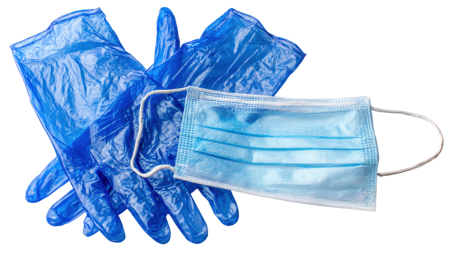 Used plastic gloves and masks background isolated on a Transparent background, PNG file.