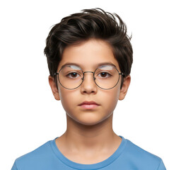 Young boy wearing round glasses and a blue t-shirt