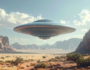 A gleaming metallic disk-shaped craft hovers above a desert landscape under a cloudy blue sky, mountains in the distance