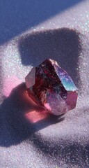 A vibrant, multifaceted gemstone, possibly quartz, rests on a bed of iridescent glitter, bathed in sunlight casting a dramatic shadow.