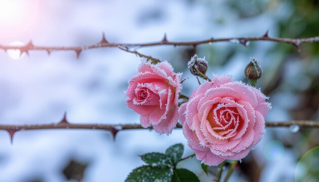 pink rose on snow