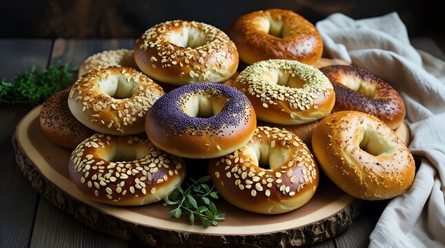 Close-up of fresh bagels with butter, fruit spreads and jams, morning meal and brunch for food lovers, print for National Homemade Bread Day and National Bagel Day.