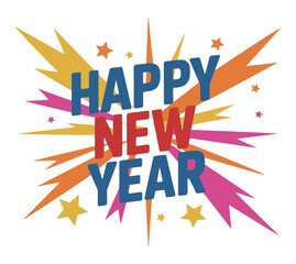 Happy New Year text with colorful starburst and star accents.