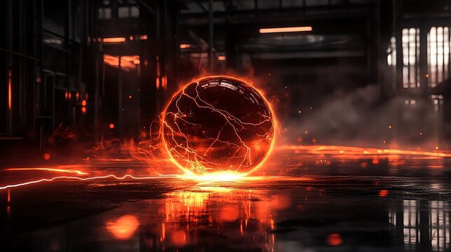 Glowing fiery orb of electric energy hovering in dark industrial setting