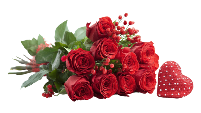 Valentines Day bouquet with red roses and hearts embellishment, background isolated on a Transparent background, PNG file.