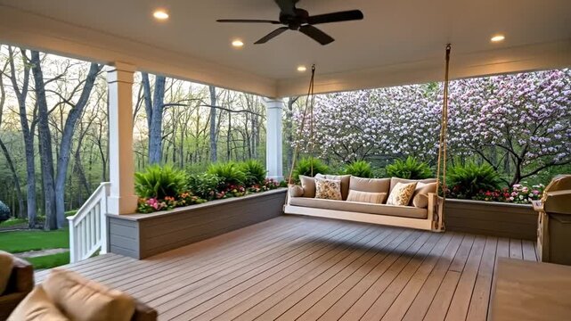 Beautifully Appointed Covered Porch with Hanging Daybed and Flowering Trees in Bloom During Springtime Twilight