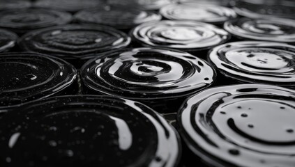 Close-up of numerous dark, glossy, circular surfaces with concentric ripples and water droplets, arranged in a grid pattern, reflecting light subtly