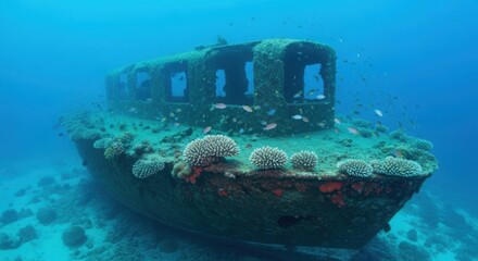 Underwater Shipwreck with Coral Growth and Small Fish Swimming