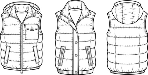 Padded vest technical sketch, front back view, detachable hood, quilted outerwear design, zipper pockets, garment construction, fashion flat, apparel template, winter clothing illustration