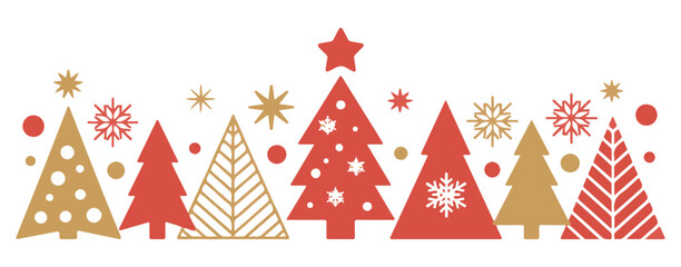 Row of decorative red and gold Christmas trees with stars and snowflakes on a white background.
