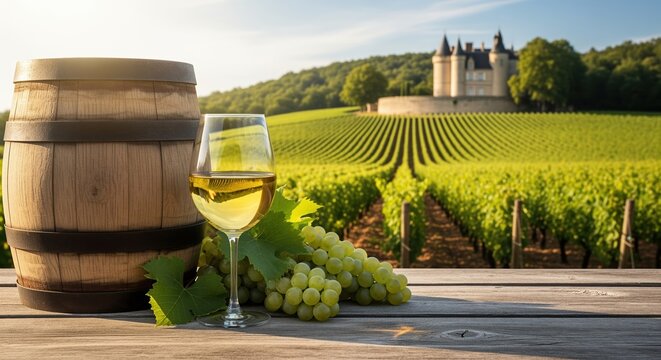 White wine glass and wooden barrel sit on a table with fresh green grapes. A vineyard and castle appear in the background. Perfect for wine tourism, winery promotions, or countryside themes. - Powered by Adobe