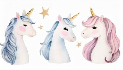 Cute Unicorns and Stars Watercolor Clipart Set