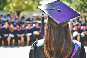 A young woman in a graduation gown and cap, standing on a stage surrounded by other graduates, with trees and buildings in the background.