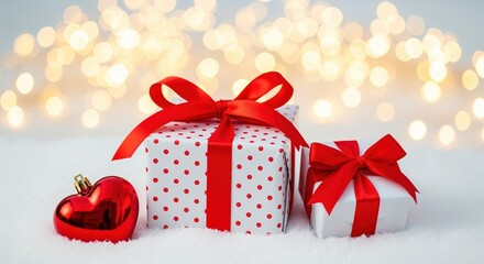 Gift boxes with red bows and ribbons sit beside a shiny red heart ornament on white snow. Warm golden lights glow softly in the background. Perfect for holiday cards and festive designs.
