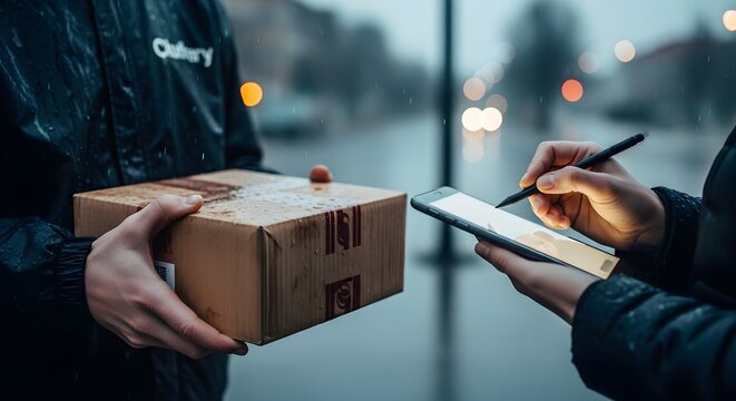 Customer Signing for Package Delivery on Digital Tablet in Rain
