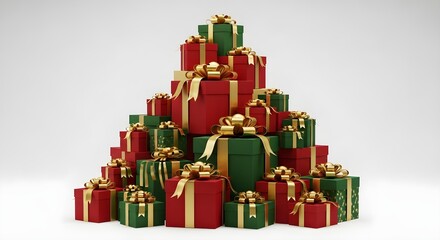 A collection of wrapped Christmas gifts, stacked in a festive arrangement, with gold bows.