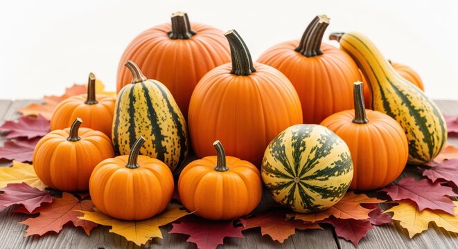 Colorful fall display with orange pumpkins and striped gourds on wooden surface surrounded by autumn leaves. Perfect for seasonal decorations, harvest celebrations, or Thanksgiving themes.
