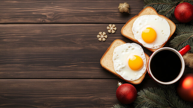 Christmas breakfast with scrambled eggs and coffee on wooden table  