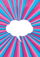 A vibrant pink and blue radial burst backdrop features a central empty white speech bubble