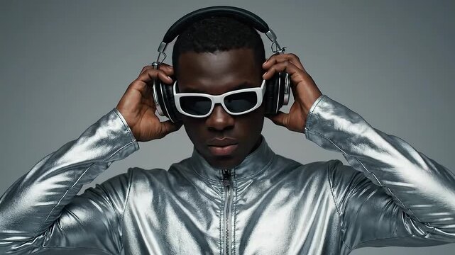 Young Black man in futuristic silver jacket and white sunglasses, listening to music on headphones