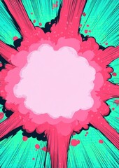 A vibrant, pink explosion with radiating lines and splatters against a teal background;  comic-style effect