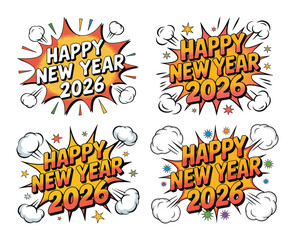 Four comic book style illustrations with the text 'Happy New Year 2026' in a burst.