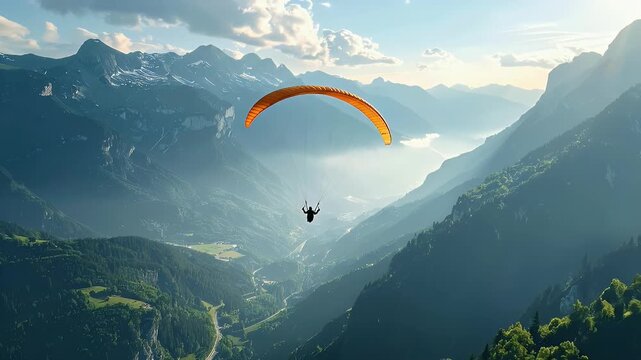 Paraglider Soars Over Lush Green Mountain Valley During Golden Hour Sunlight Casting Dramatic Shadows