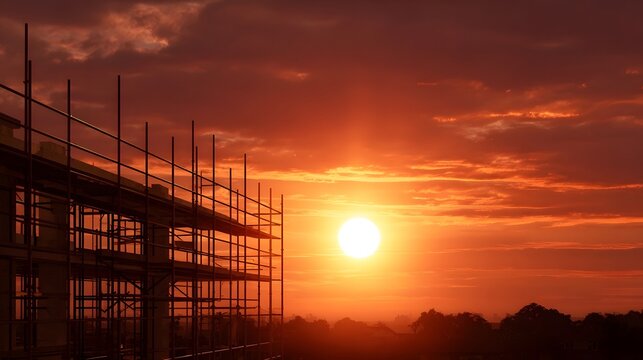 Vibrant crimson sunset casts dramatic light over a silhouetted construction site with extensive scaffolding