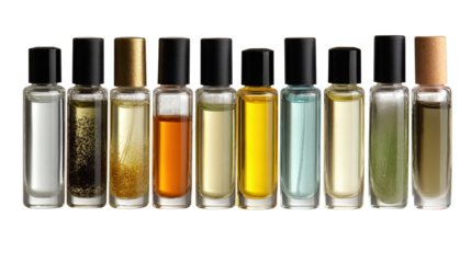 Variety of travel-size cosmetic packaging arranged in a row on white isolated on a Transparent background, PNG file.