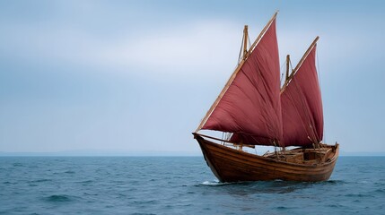 Antique wooden sailboat with vivid red sails navigating the open ocean under a cloudy sky