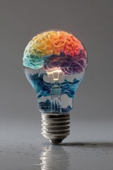 A vibrant, rainbow-colored brain resides within a clear lightbulb, illuminated from within, sitting on a reflective surface against a neutral gray backdrop