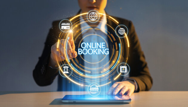 Person using tablet for online booking with digital interface and icons around the screen