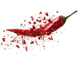 A vibrant red chili pepper explodes into fragments, scattering pieces and a fine dust against a stark white backdrop
