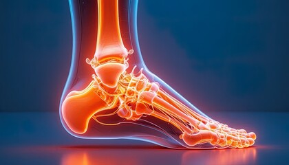 Detailed anatomical illustration of foot bones for medical research, showcasing skeletal structure and joint function for educational purposes and health awareness