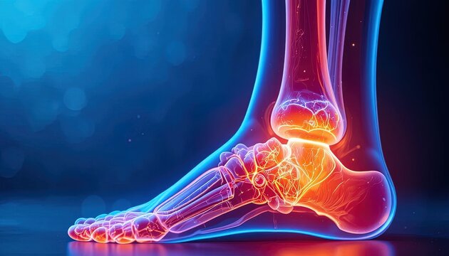 Detailed foot anatomy in radiant neon hues, highlighting medical research and healthcare innovation for educational materials and wellness campaigns
