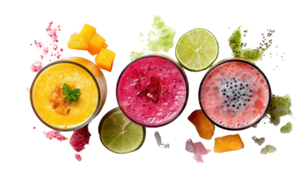 Variety of tropical fruit smoothies with garnish, top view background isolated on a Transparent background, PNG file.