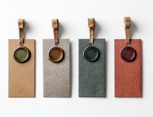 Four rectangular tags with textured paper, varying colors (brown, gray, green, red), each adorned with a circular wax seal and a twine loop at the top, arranged in a row against a white backdrop