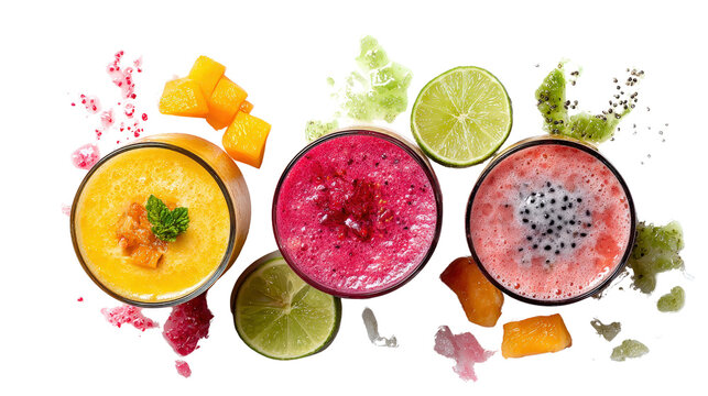 Variety of tropical fruit smoothies with garnish, top view background isolated on a Transparent background, PNG file.