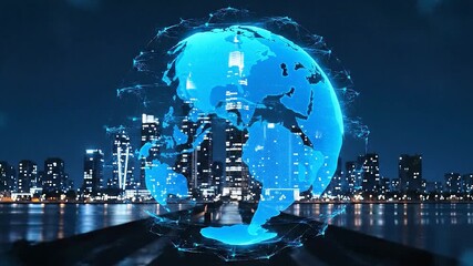 Digital world globe overlaying cityscape reflecting on water at night - Powered by Adobe