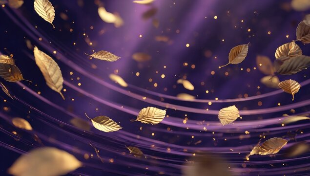 Golden leaves swirl on a deep purple backdrop, illuminated by soft light, creating a magical, autumnal scene with glittering particles
