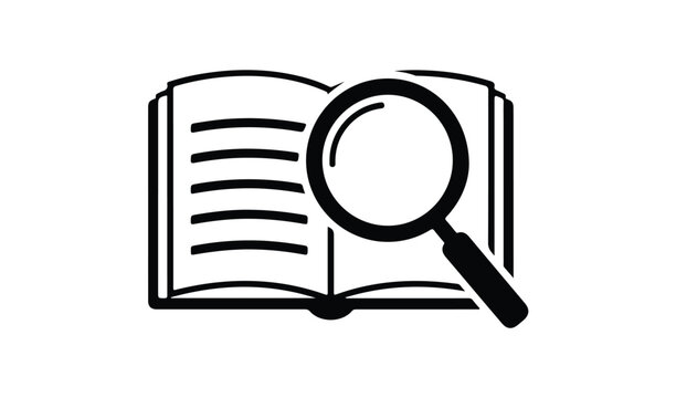 Open book with magnifying glass icon symbolizing research and discovery