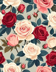 A seamless pattern of stylized roses in various shades of red, pink, and cream, set against a muted green backdrop