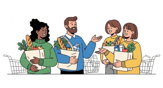 Diverse group of friends or family members chatting happily while carrying grocery bags after shopping together