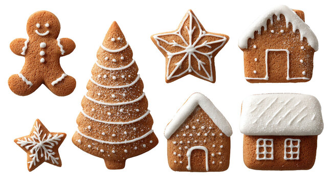 A collection of decorated Christmas gingerbread cookies (man, tree, star, house) with icing, isolated on a transparent PNG background. A set of festive food icons or design elements.